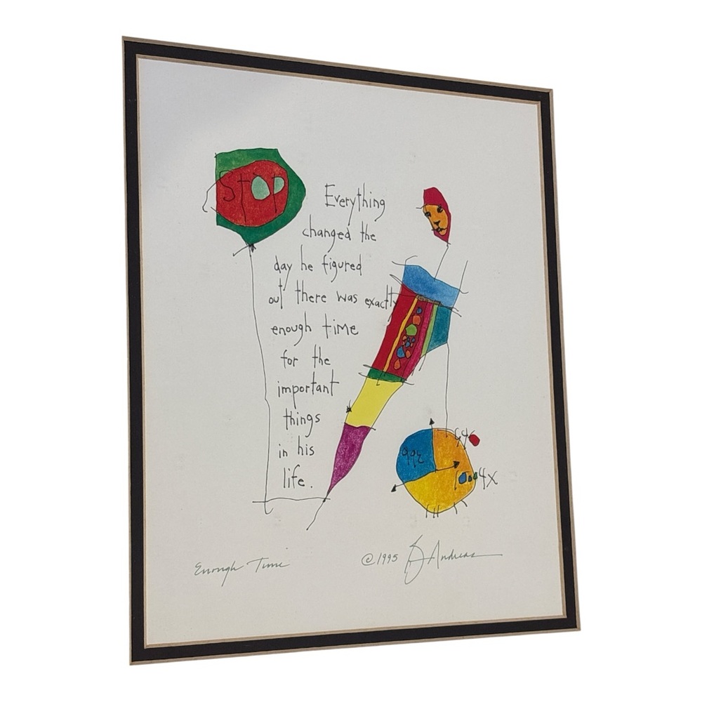 95 STORY PEOPLE BRIAN ANDREAS SIGNED WHIMSICAL FRAMED PRINT ENOUGH TIME 12"X15" - Picture 2 of 8